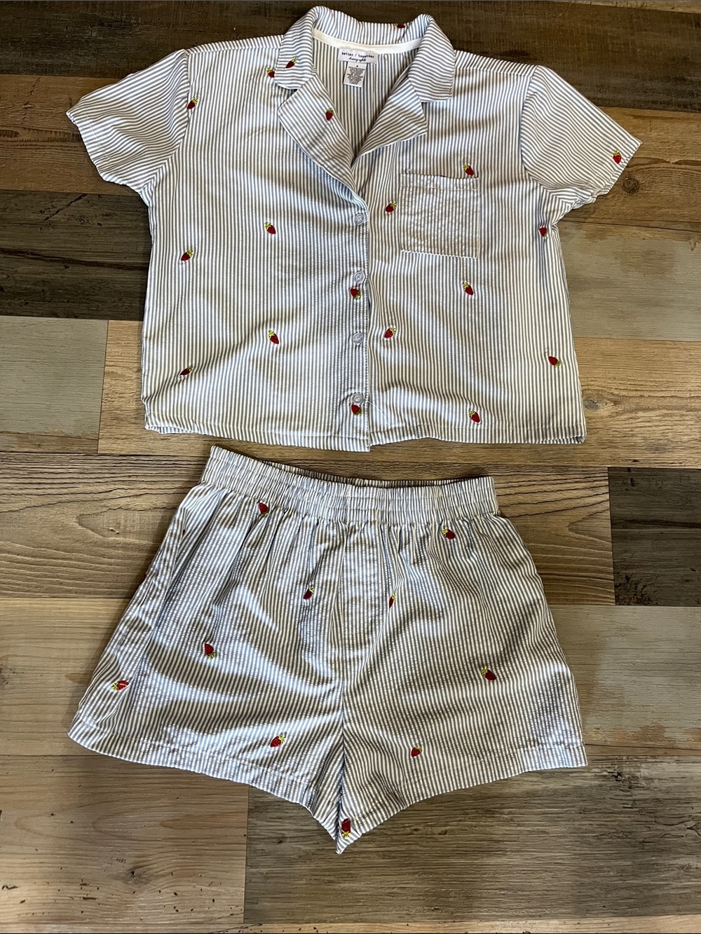 Better Together Short Sleeve Stripes Pajama Set Sz S Tiny Strawberry Embroidery